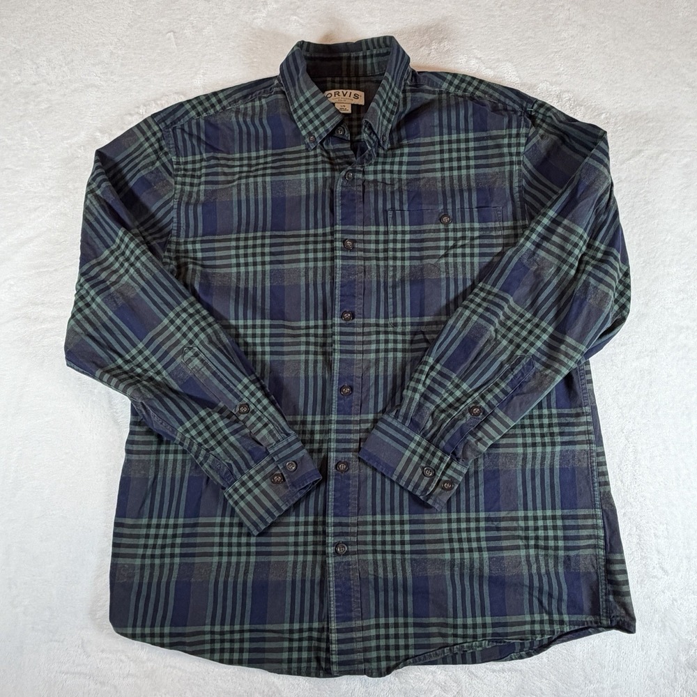 Orvis Flannel Shirt Mens Sz L Green Blue Plaid Button Up Heavy Duty